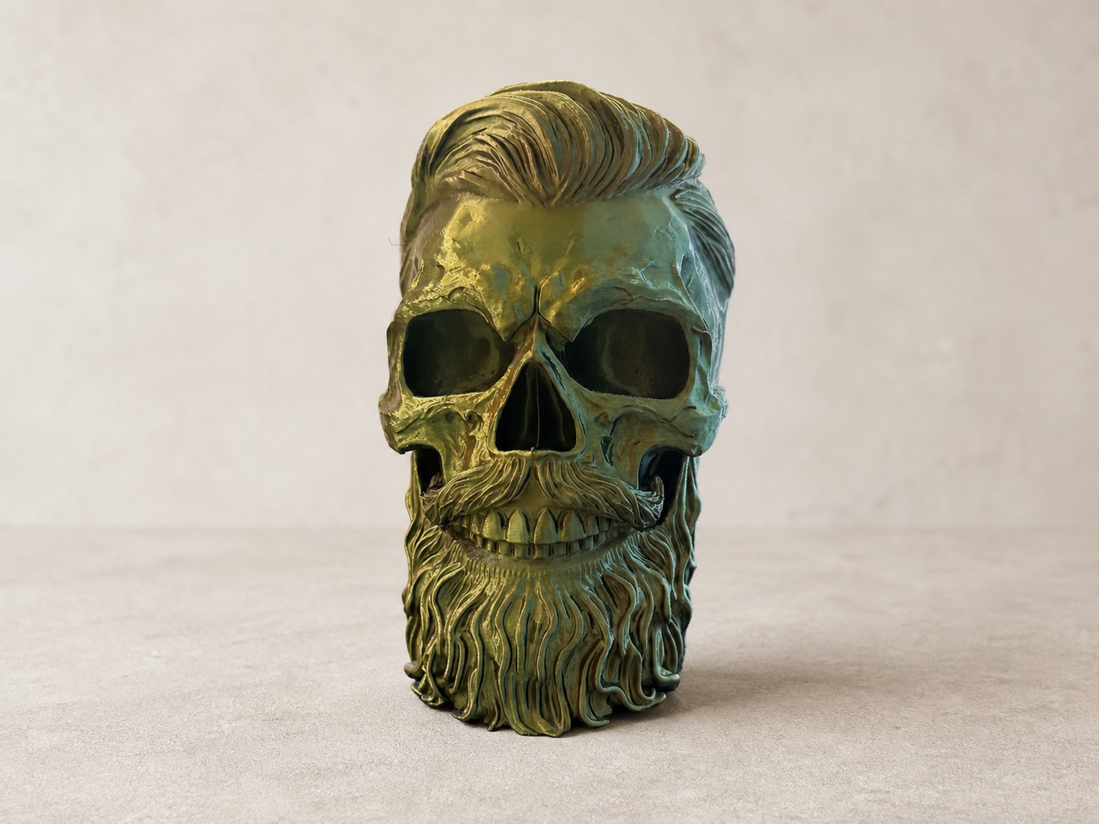Iridescent green and gold bearded skull headphone stand