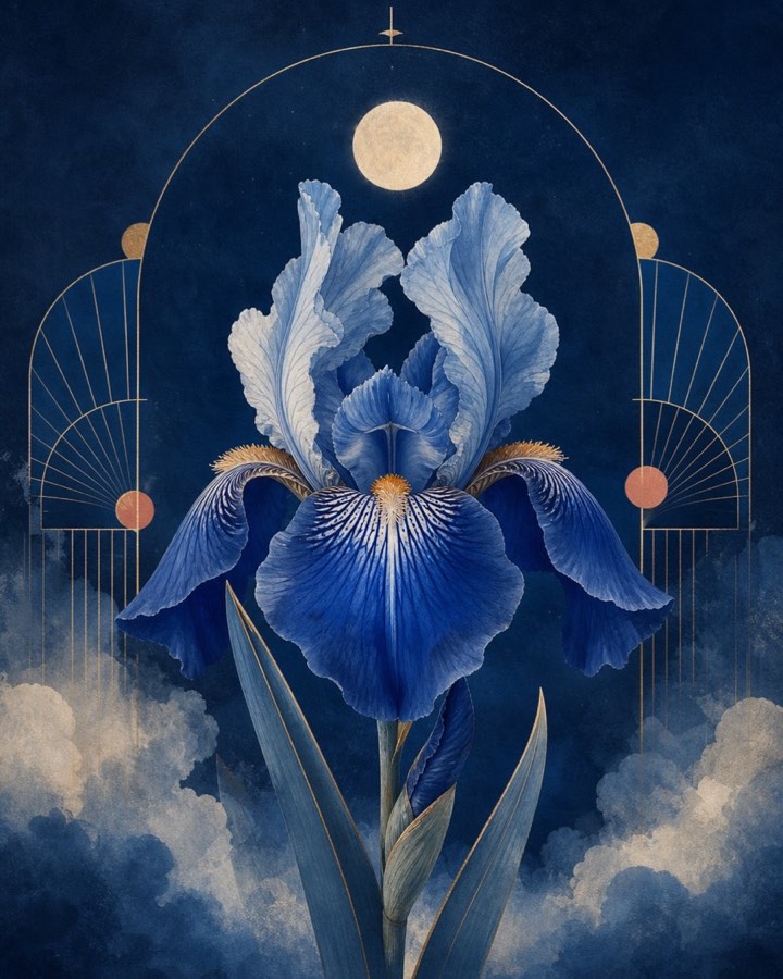 Moonlit Iris wall art in cobalt blue, ivory and antique brass