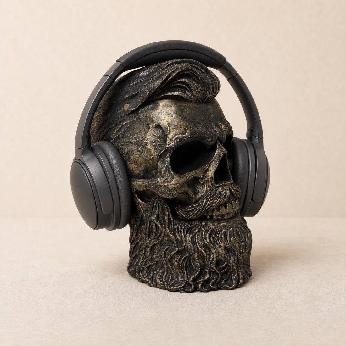 Hand-painted antique bronze bearded skull headphone stand
