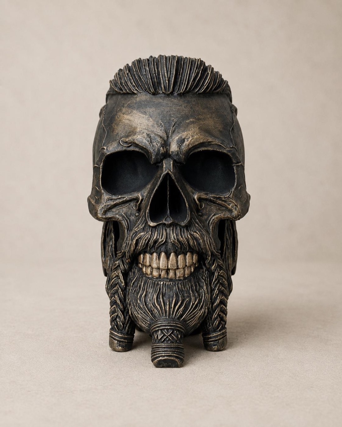 Bronze Viking skull headphone stand with braided beard